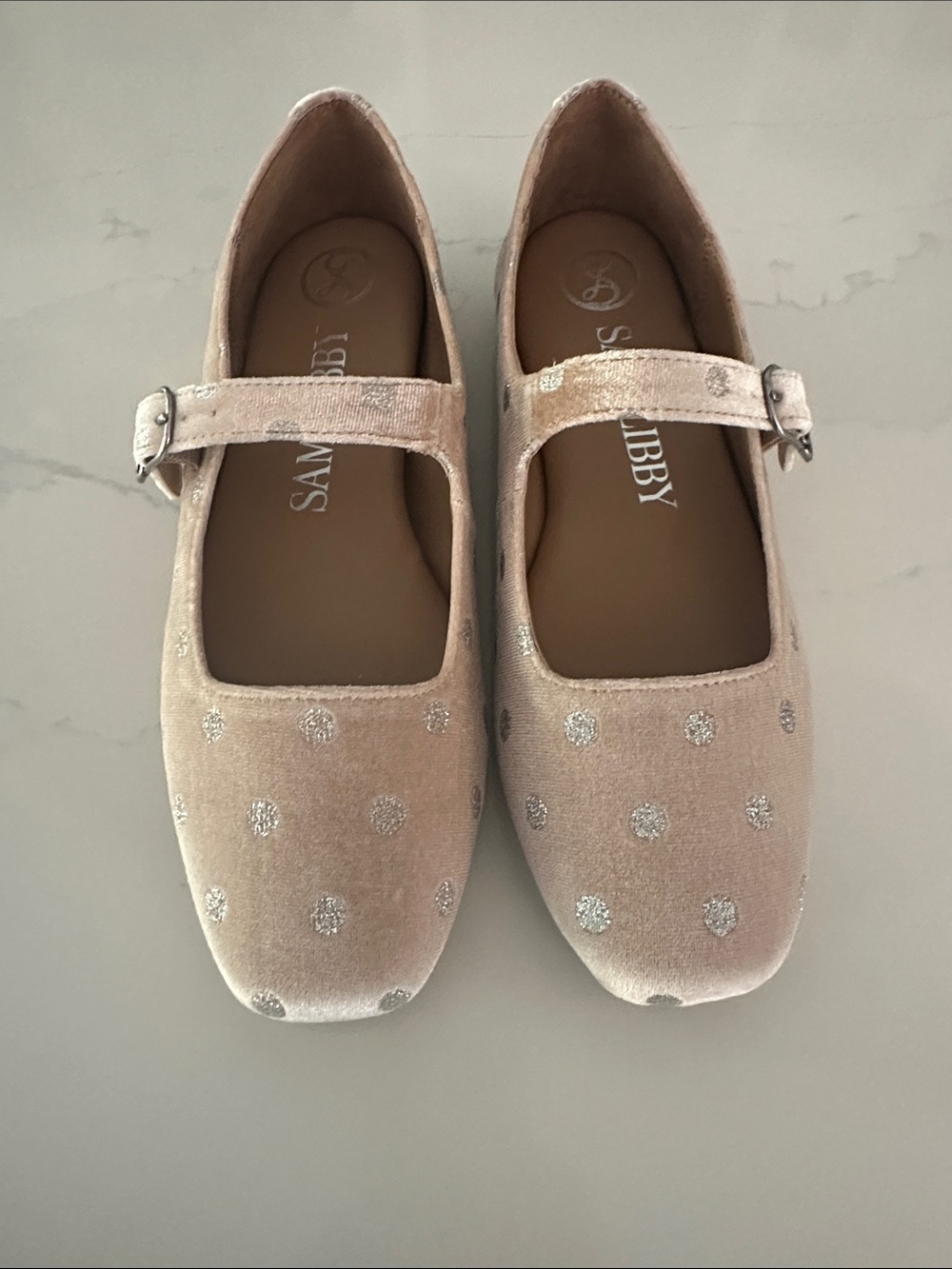 Sam & Libby Blush Velvet Mary Janes with Silver Glitter Dots